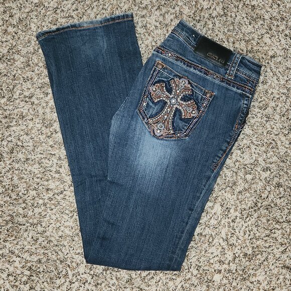 GRACE IN LA Bootcut Low Rise Jeans 29x32 Cross Bling Pockets - Picture 1 of 15